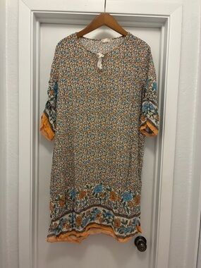 Bohemian Floral Shift Dress in Mustard & Teal